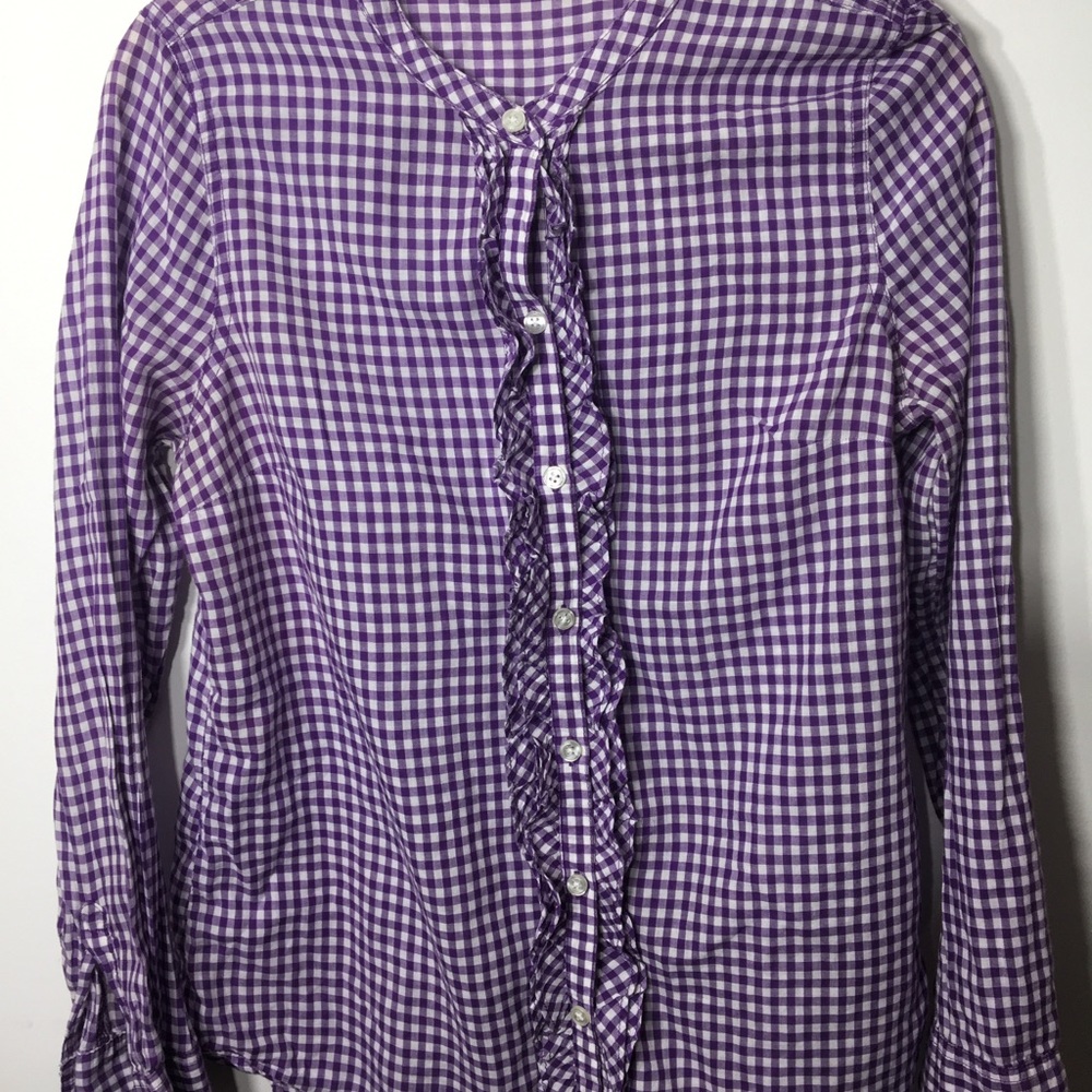 Old Navy Purple and white check button down shirt with ruffles cotton